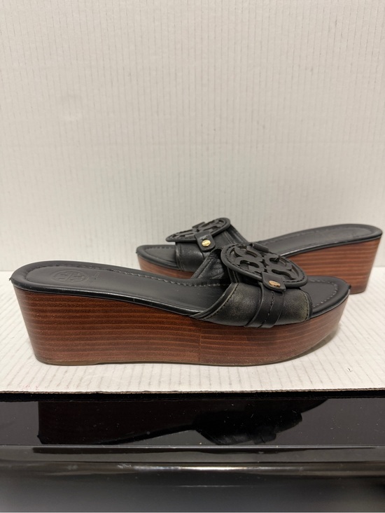 Tory Burch Shoes - Tory Burch Madalena Black Leather Wedge Slide Sandals Double T Logo Platform 8
